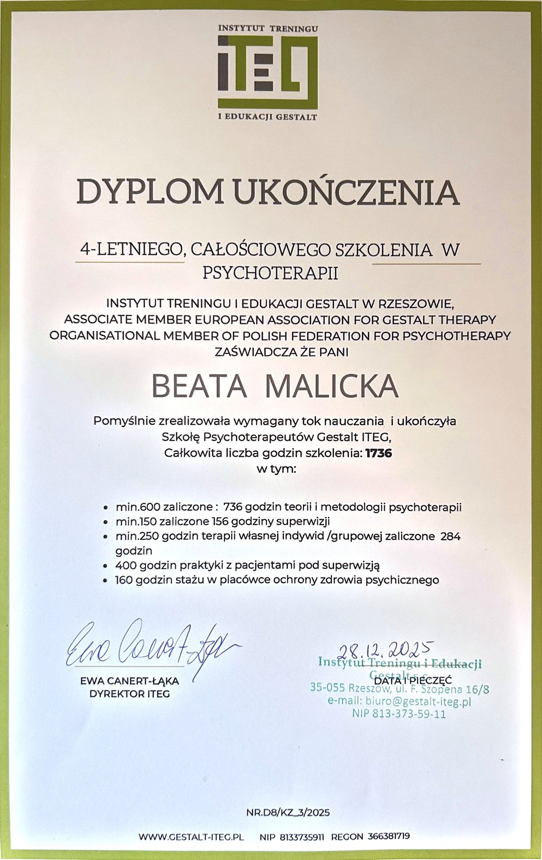 Dyplom ukończenia 4-letniego szkolenia w psychoterapii, ITEG, grudzień 2025