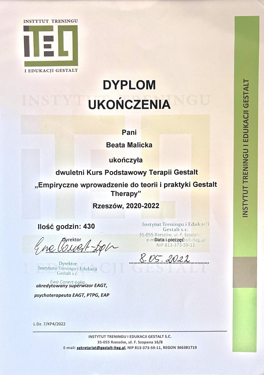 Dyplom ukończenia dwuletniego kursu podstawowego terapii Gestalt, 2022